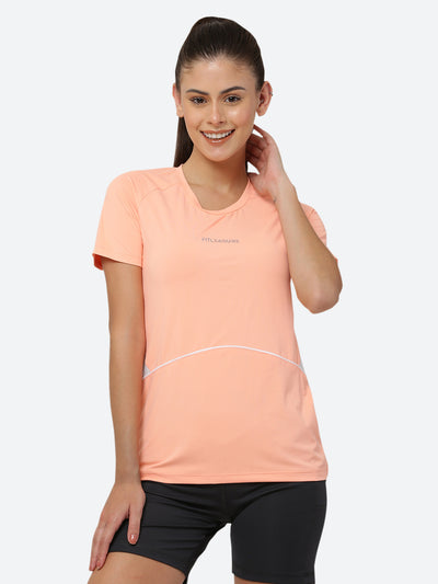 Fitleasure Climacool TEE for women is an ideal Tshirt with comfort fit with extra dry fit technology in salmon colour. This product is perfect for running and workout, Yoga  and cycling